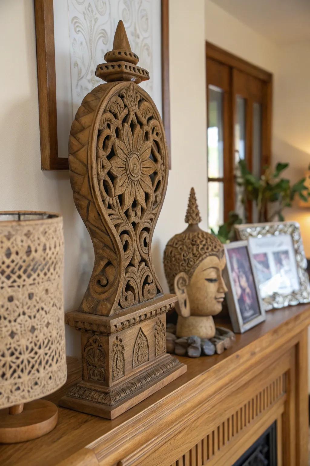 Admire the artistry of delicate patterned wooden sculptures.