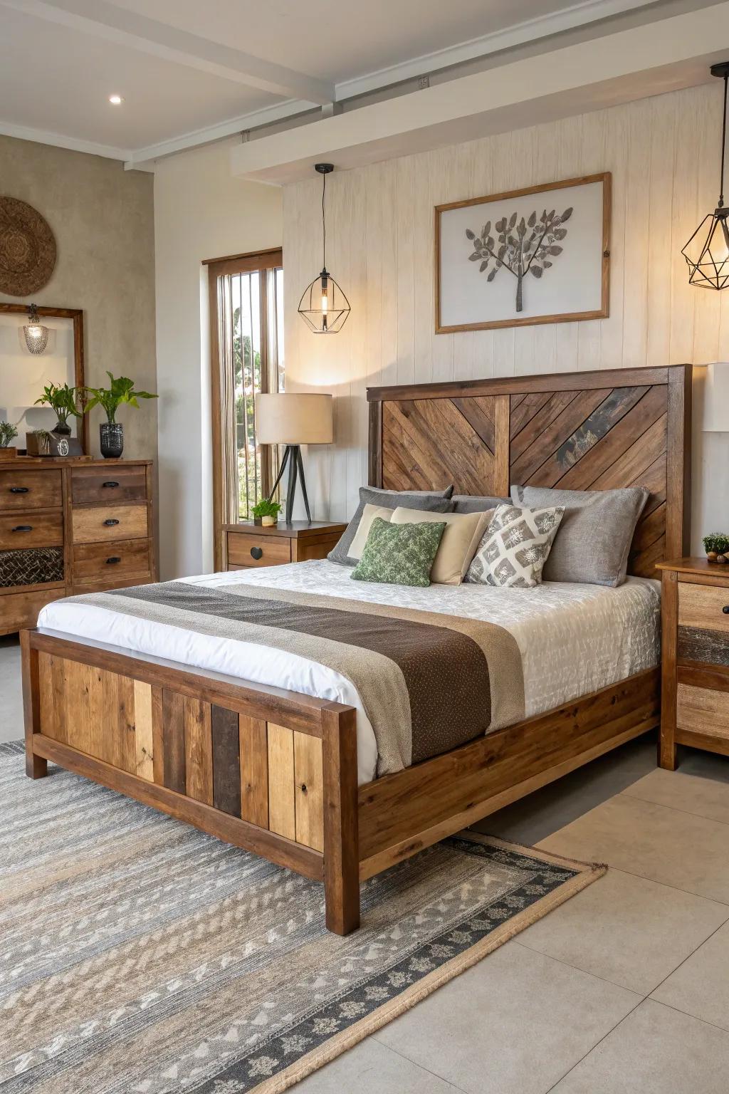 A spectrum of wood shades infuses character into this wood bed.
