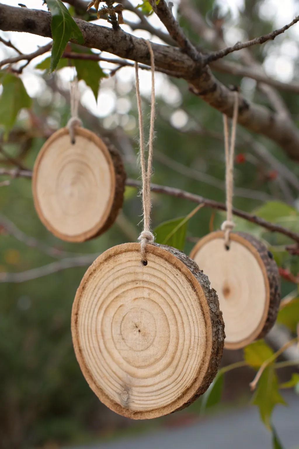 Authentic timber texture shines through in these minimalist wooden ornaments.