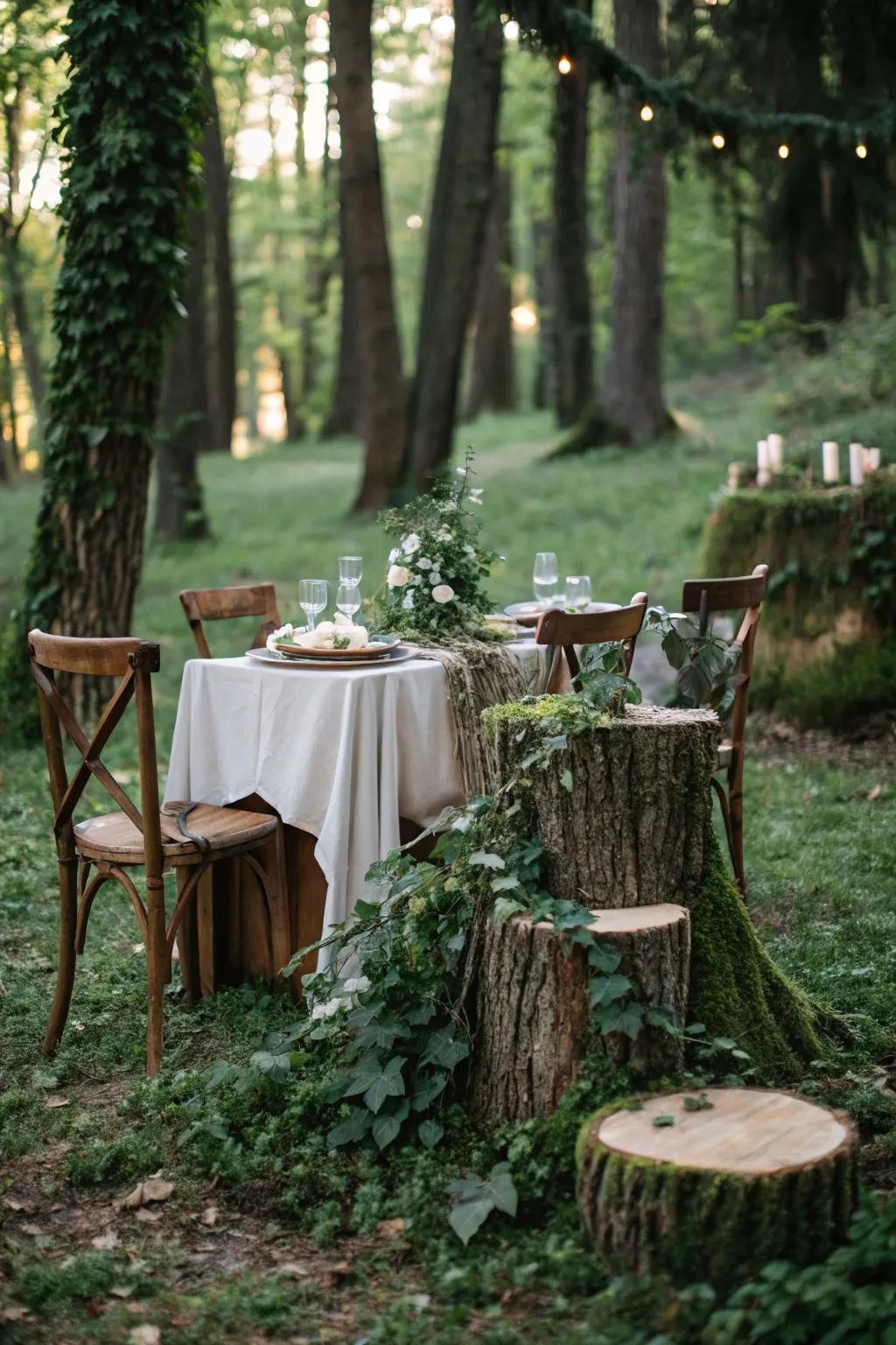 Greenery and timber fragments create an inviting forest table setting.