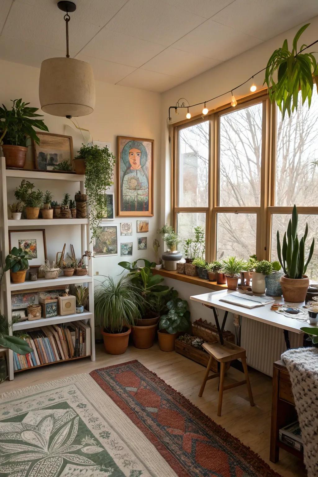 Personal decor transforms a studio into a creative haven.