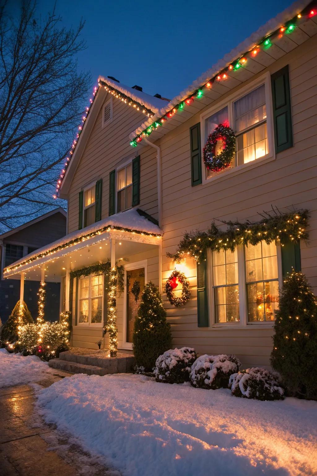 A festive home exterior adorned with festive lights and foliage.