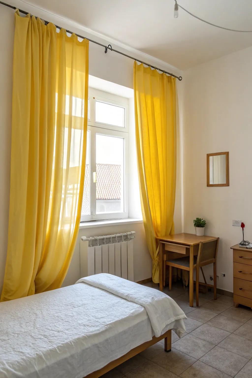 In a minimalist bedroom, yellow window coverings become the focal point, introducing a burst of color.