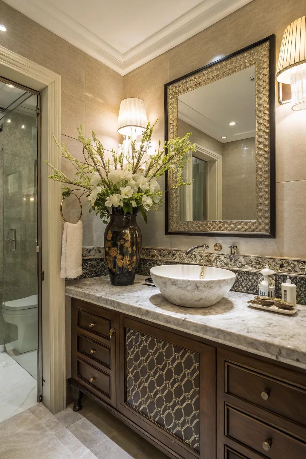 A vintage vase serves as a statement piece in this powder room.