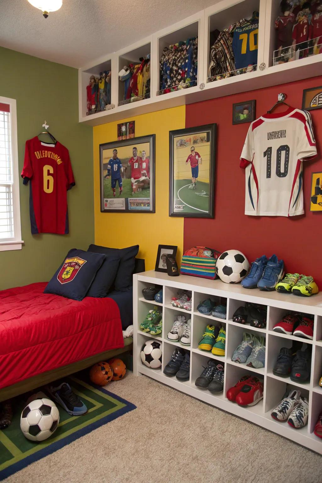 Sports memorabilia serves as both decoration and a showcase of passions.
