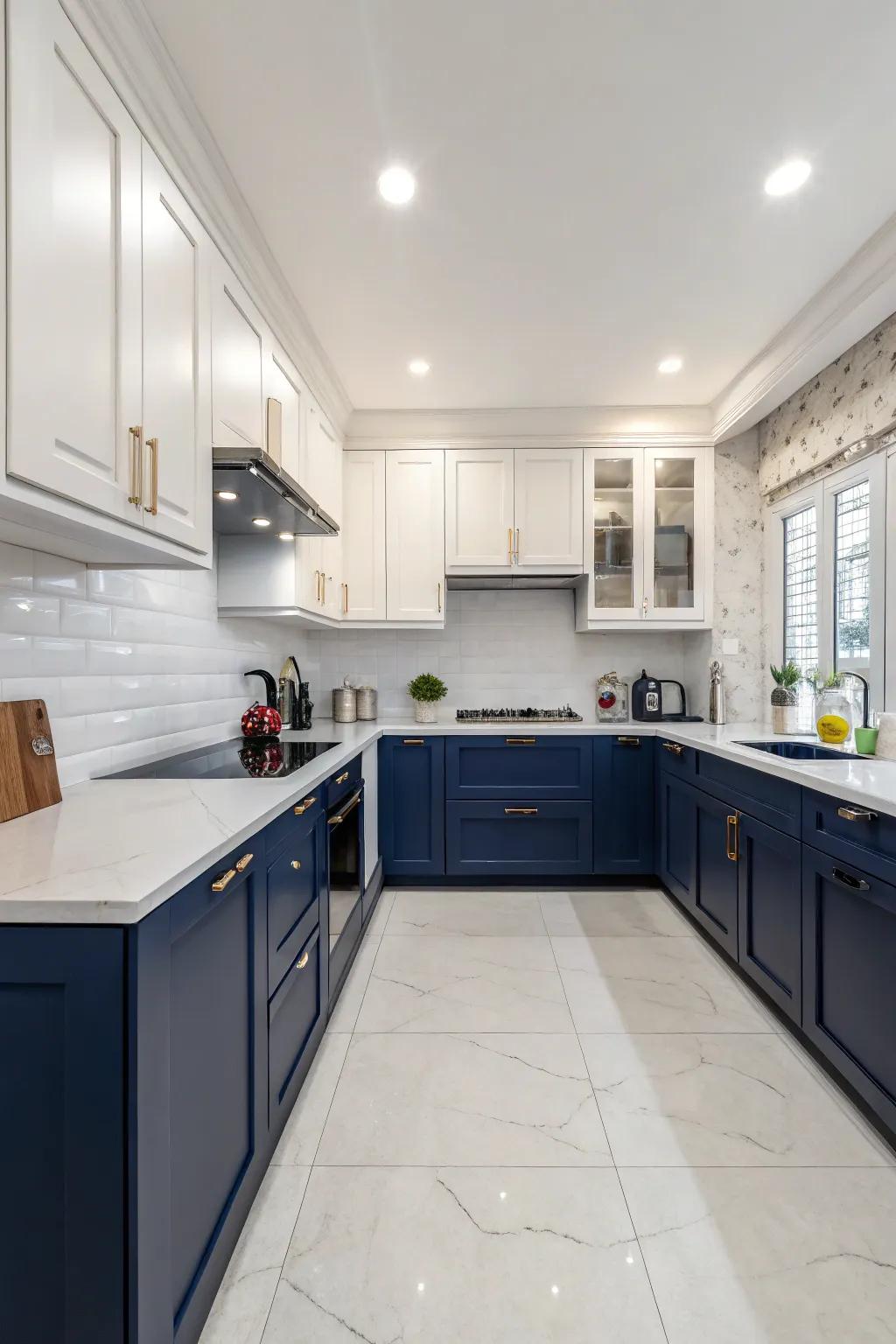 Color-blocking cabinets adds visual appeal and depth.