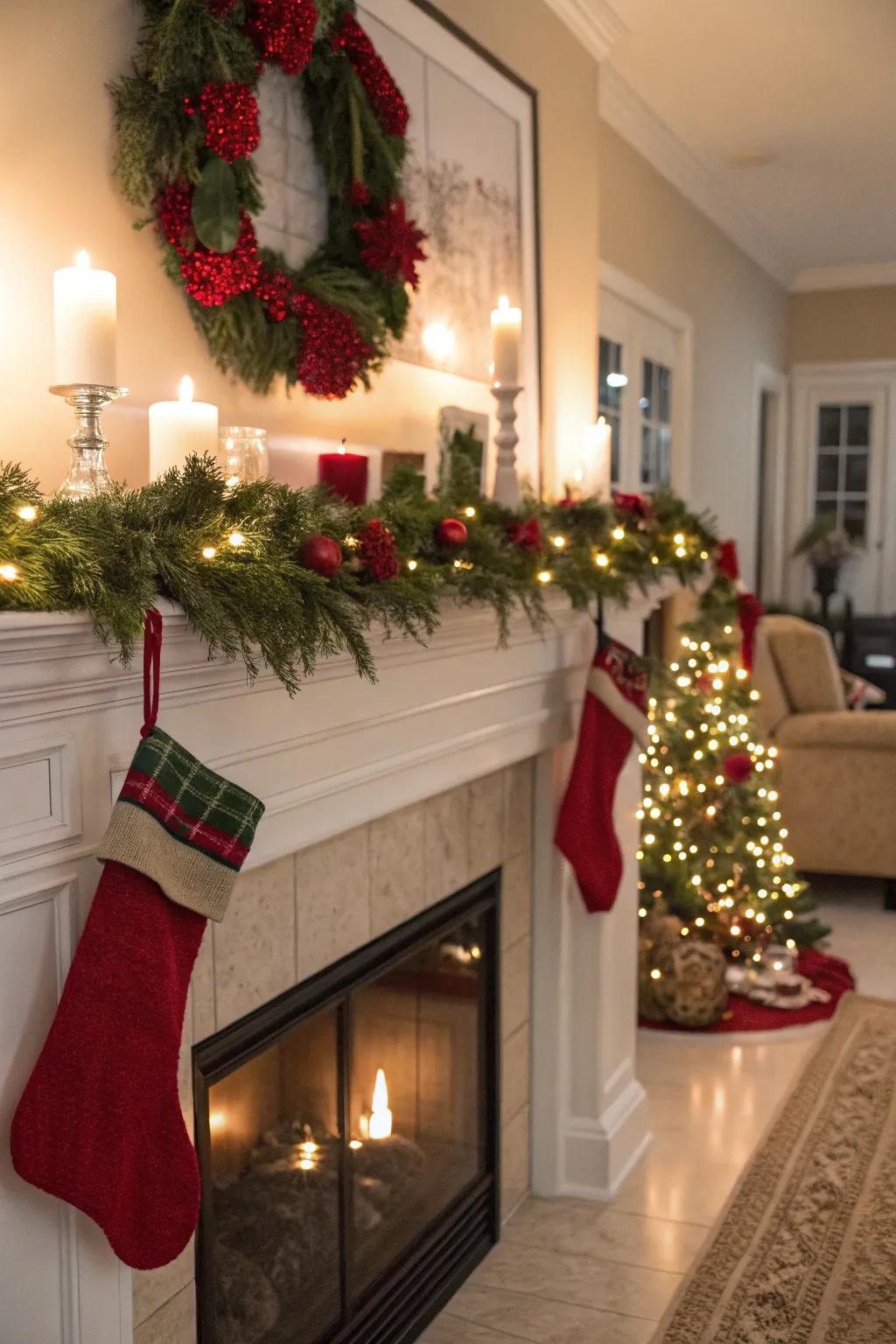 A cozy mantel decorated for the holiday season.