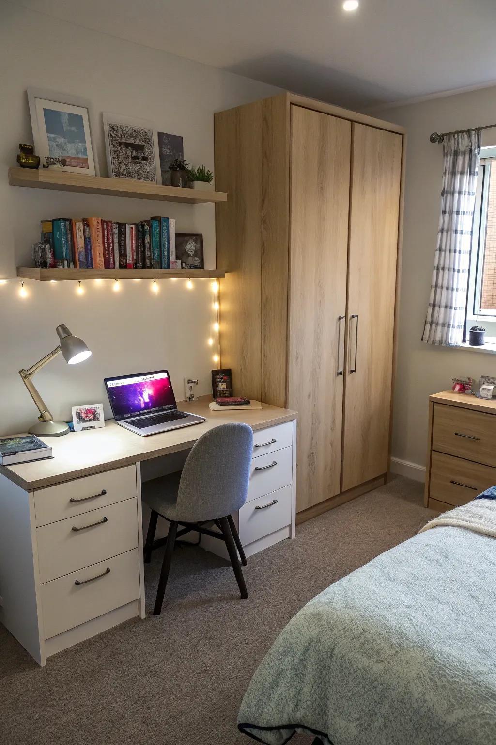 Practical furniture featuring ambient illumination crafts a productive and elegant workspace.