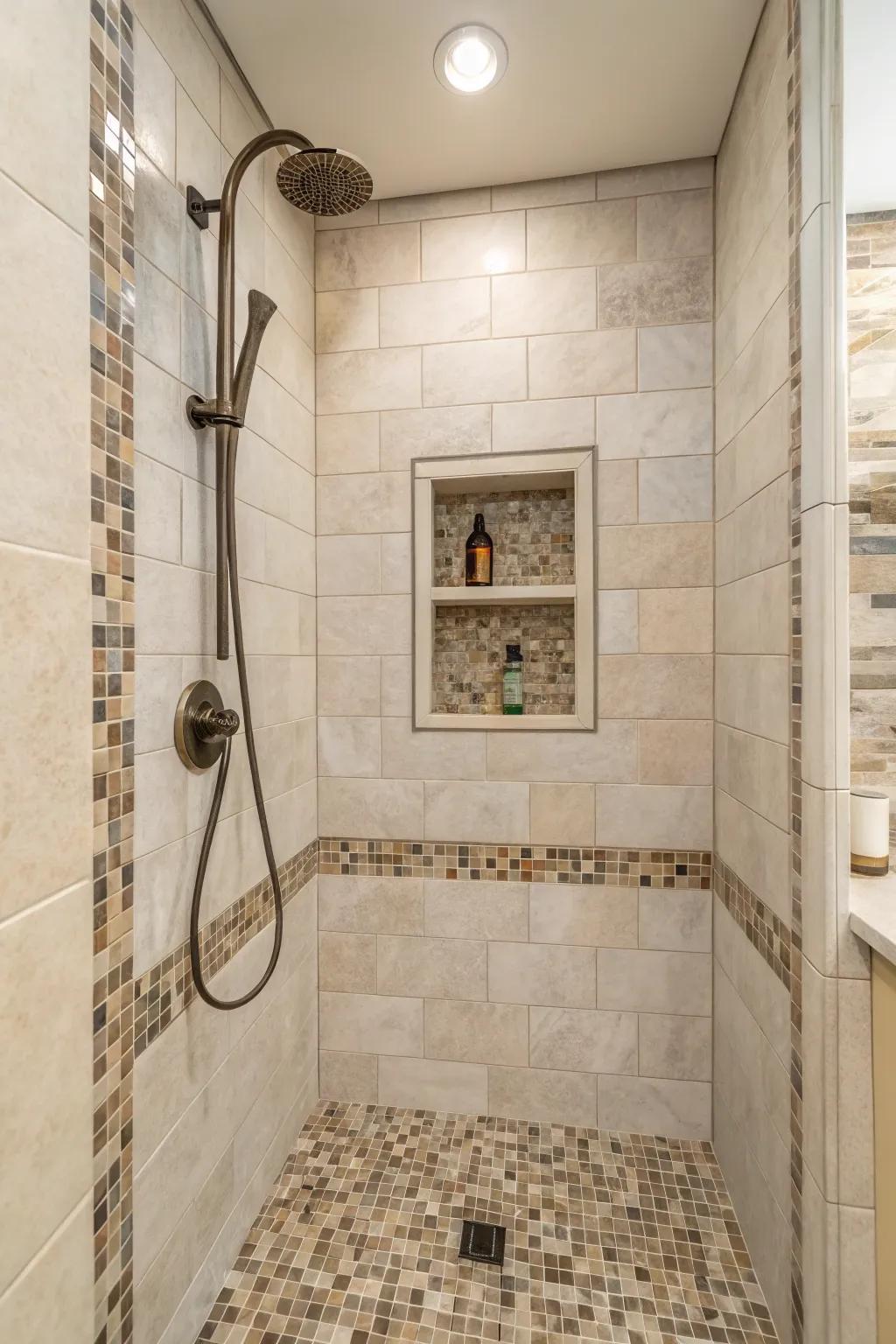 Mosaic accents emphasize texture and focal points within the shower space.