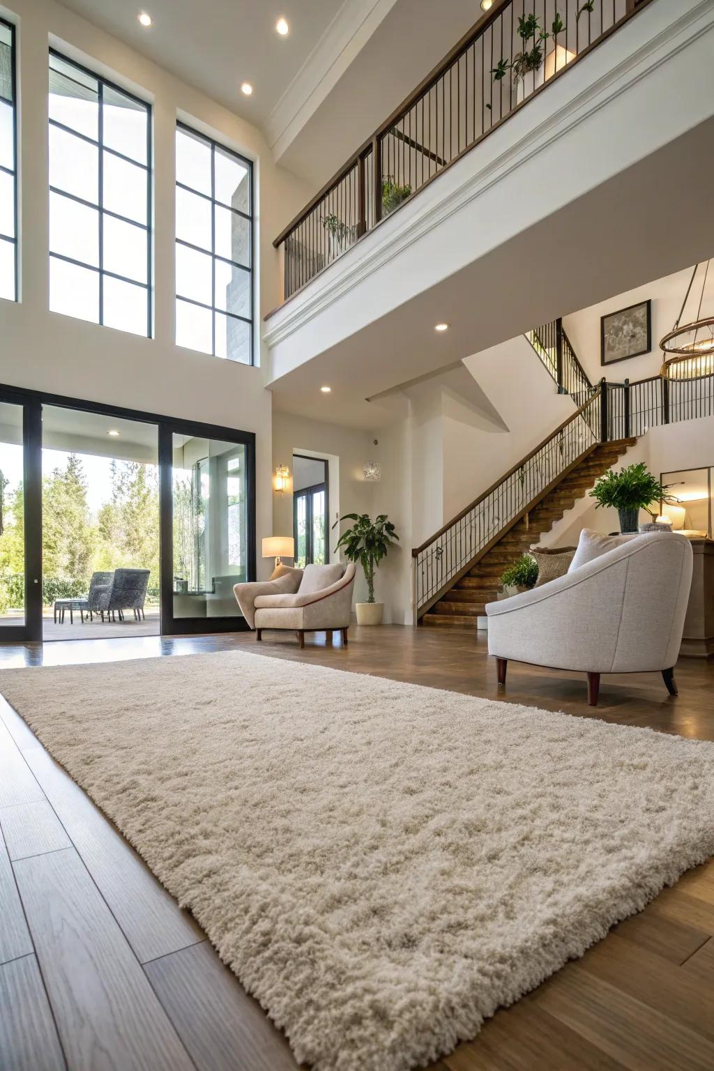 A deluxe floor covering defines the area and adds warmth.