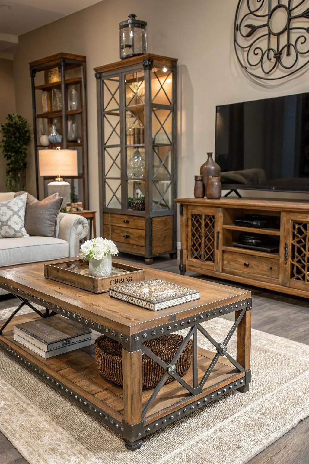 Mixed materials establish a rich, layered visual.