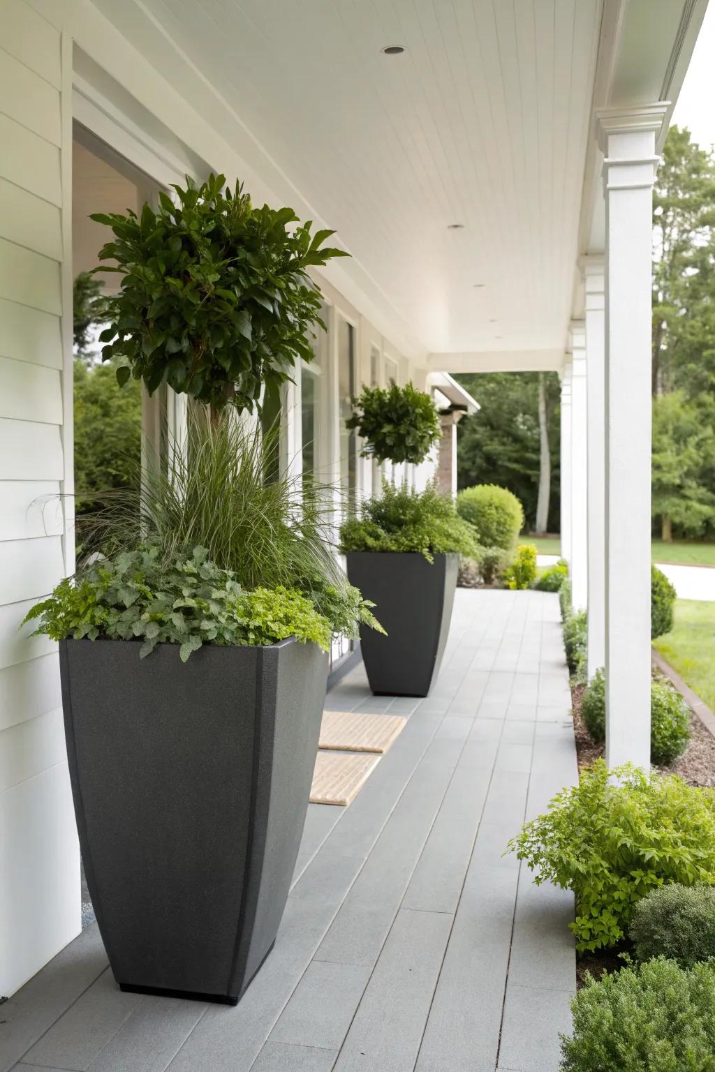 Striking plant containers command attention on a contemporary porch.