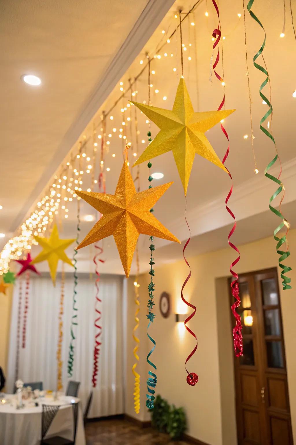 Celestial figures and ribbons cultivate a magical celebratory ambiance.