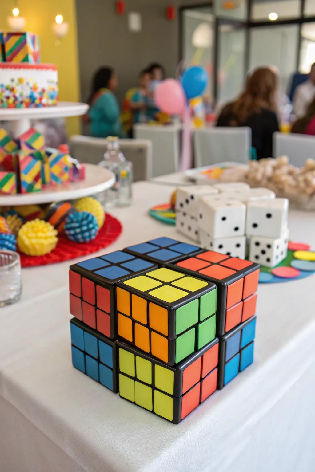 Rubik's Cubes inject a lively, colorful aspect to your 80s party.