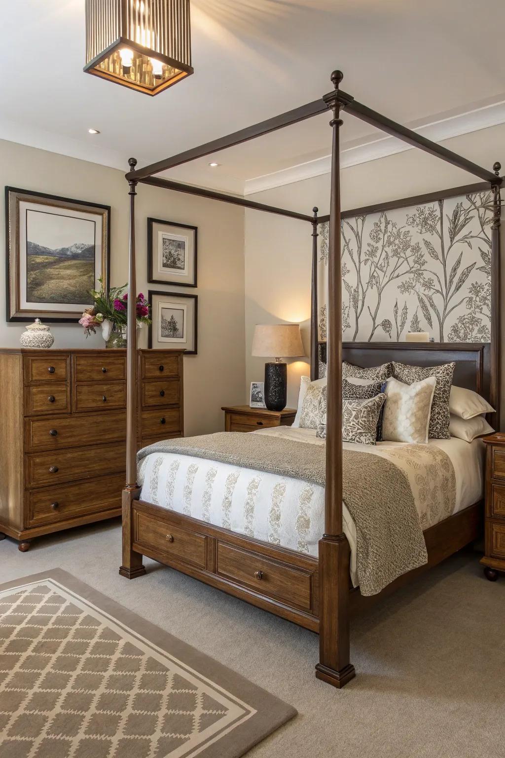 A harmonious blend of traditional and modern styles creates a balanced look.