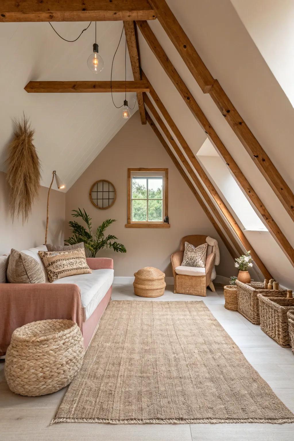 A neutral color scheme establishes a peaceful and expansive attic environment.