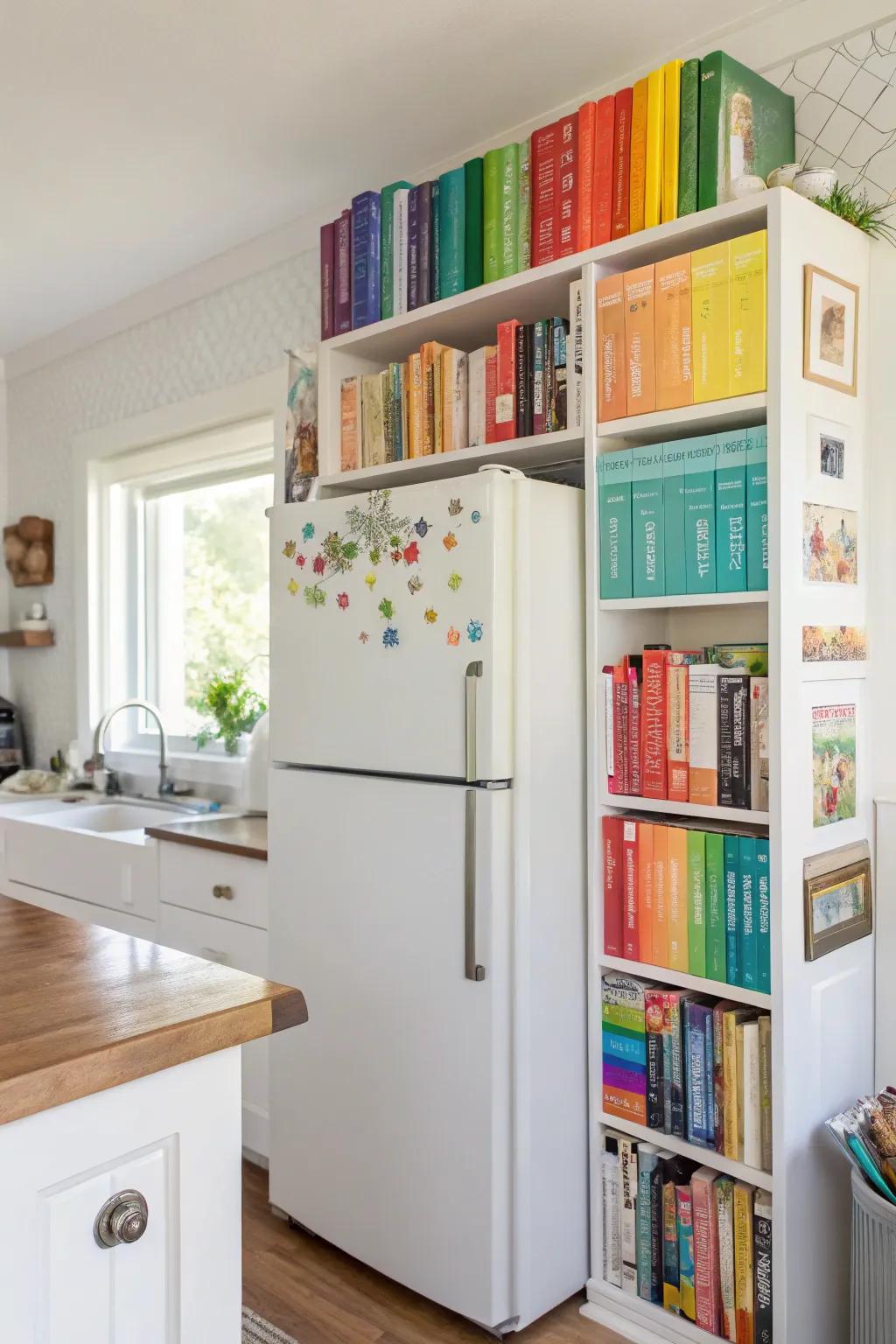 Cookbooks add vibrancy and inspiration above the fridge.