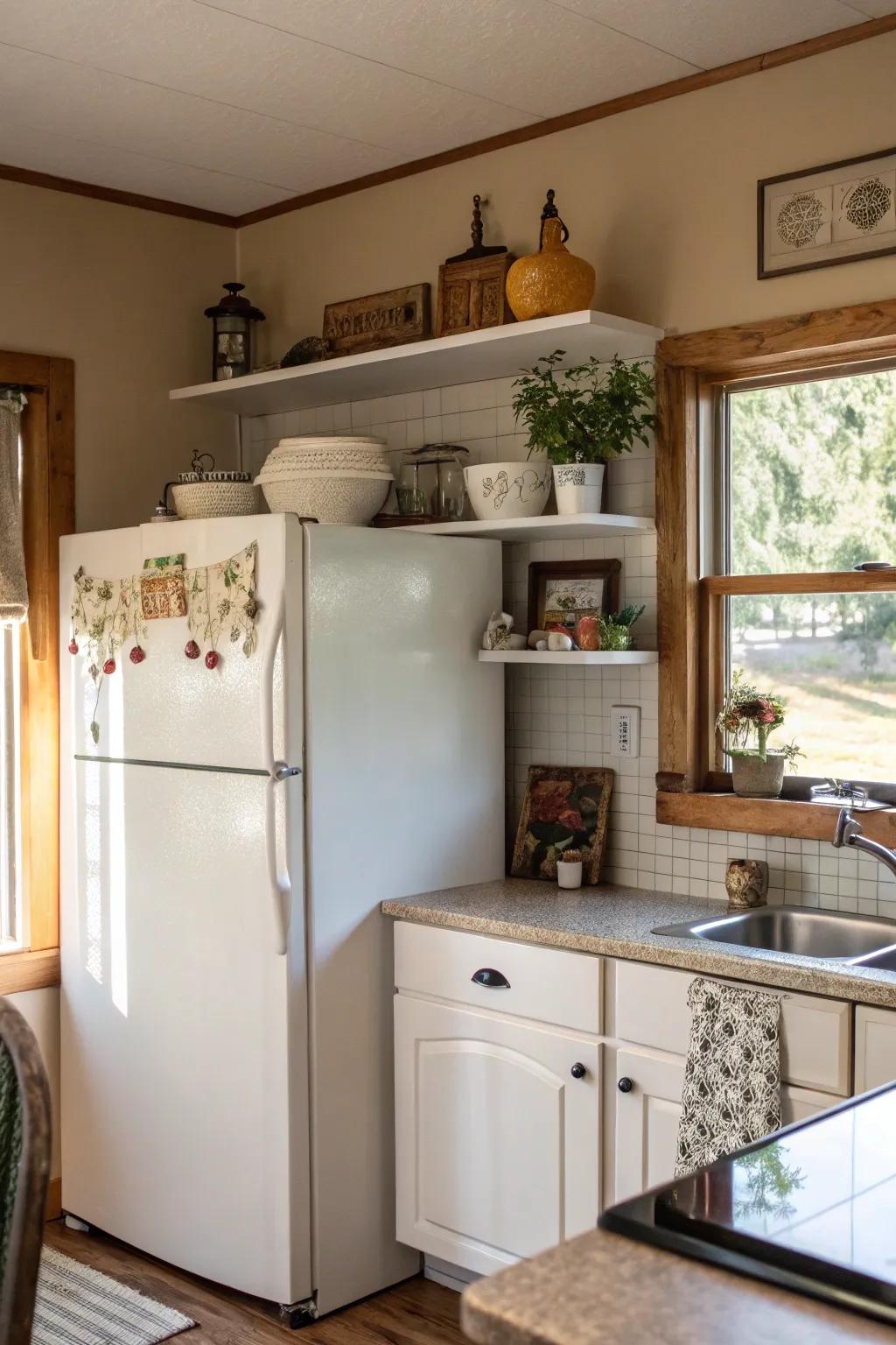 Establish shelves for structured and fashionable storage above the fridge.