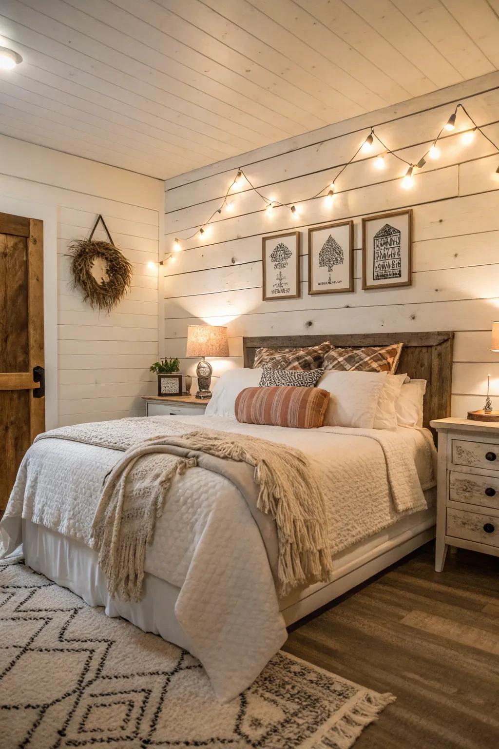 Shiplap on the feature wall creates texture and a comfortable, rustic sensation.