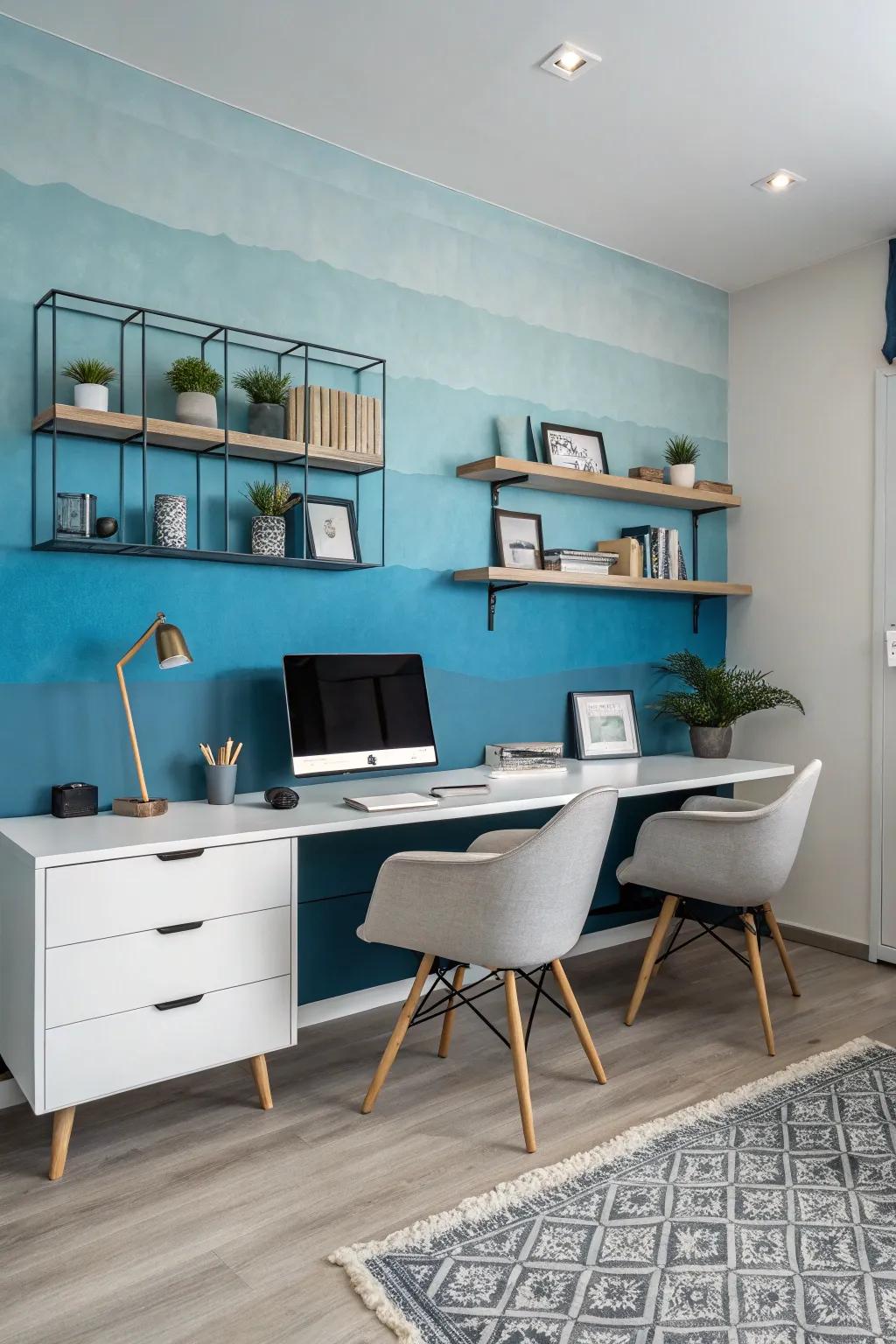 A creative workspace with an inspiring ombre feature wall.