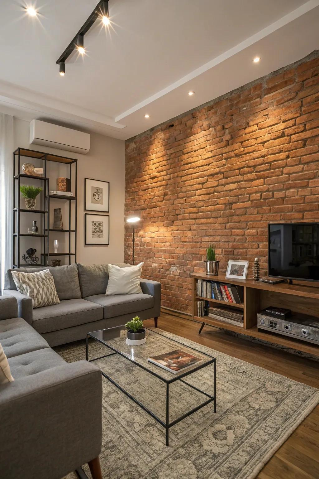 A living room featuring an exposed brick accent wall and modern decor.