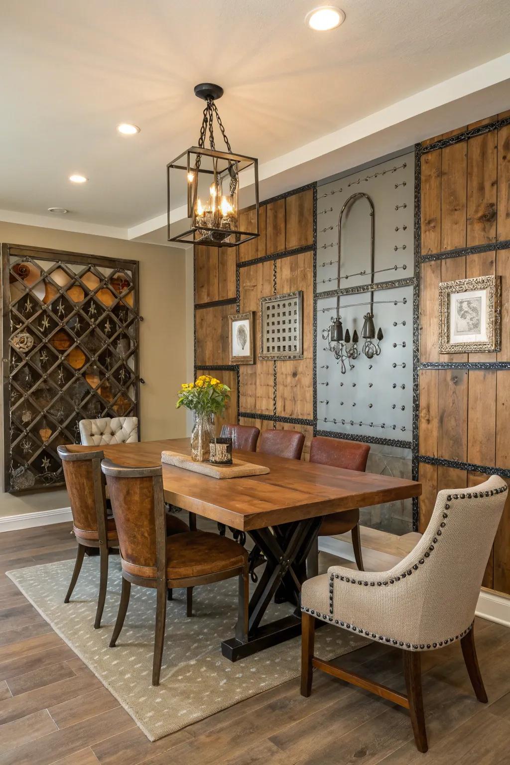 A dining area presenting an eclectic combination of wood and metal on the feature wall.