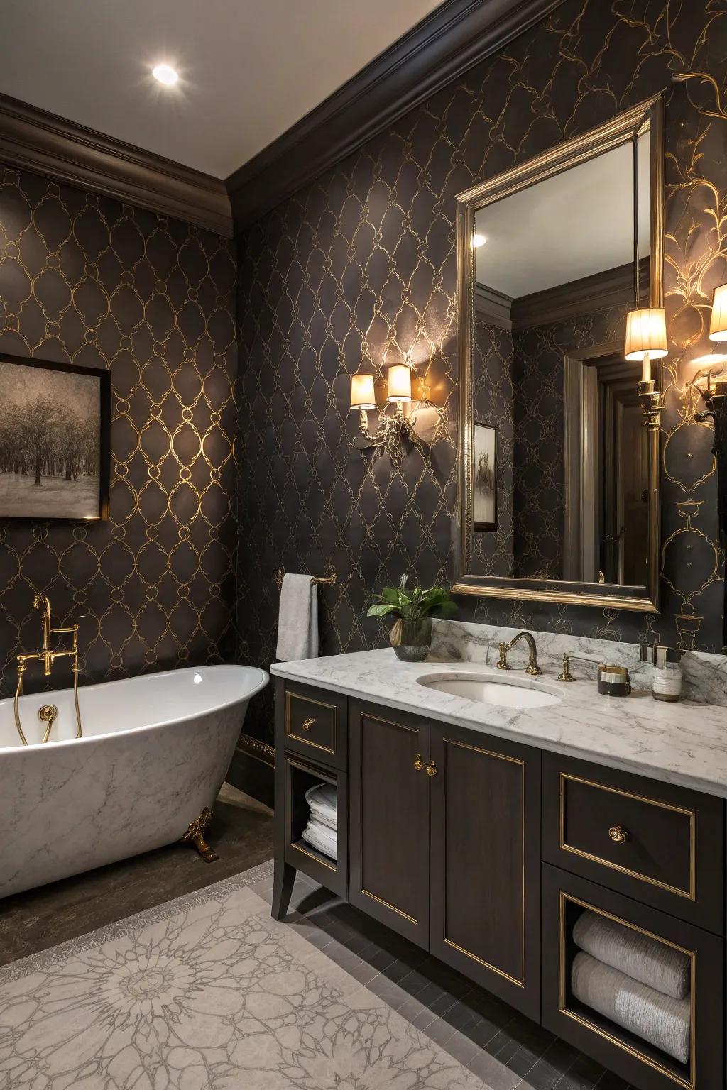 Moody wallpaper transforms the bathroom into a luxurious and relaxing space.