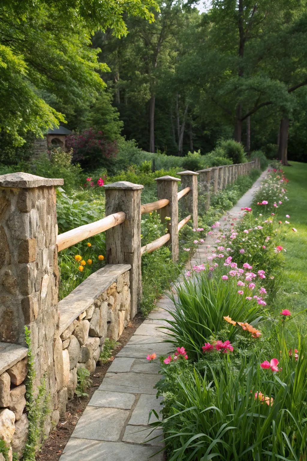 Rock and timber fences combine strength with natural beauty.