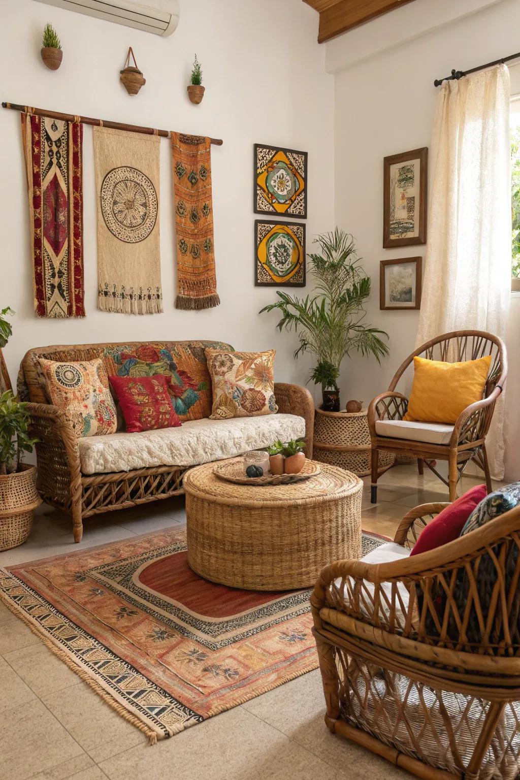 A bohemian-inspired living space featuring rattan and woven décor.