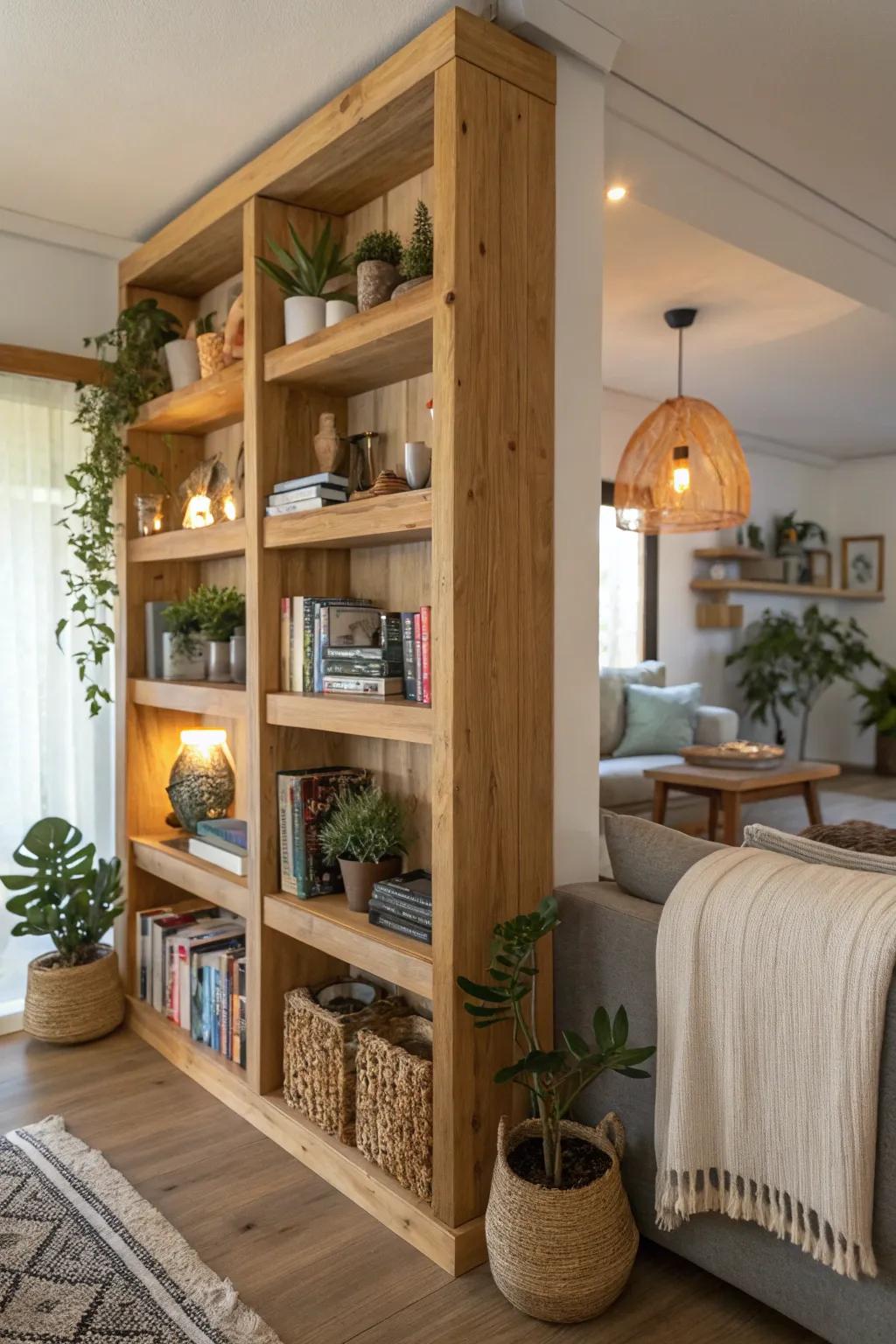 Natural timber shelves infuse warmth and texture into your home.