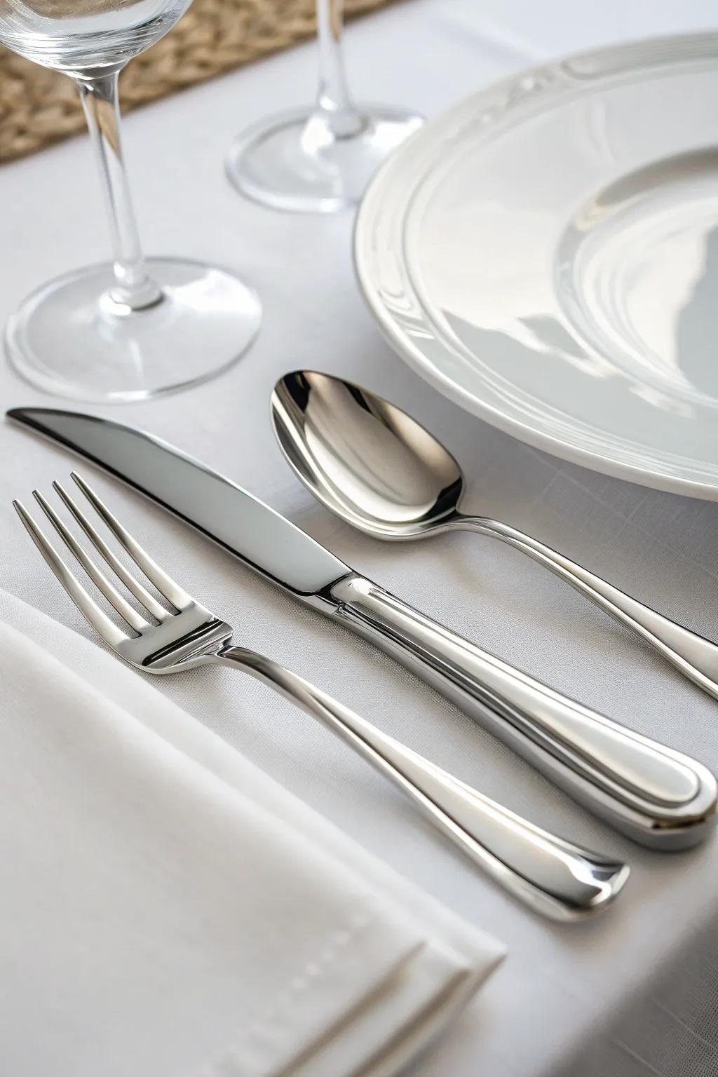 Minimalist metalware beautifully complements the all-white tableware.