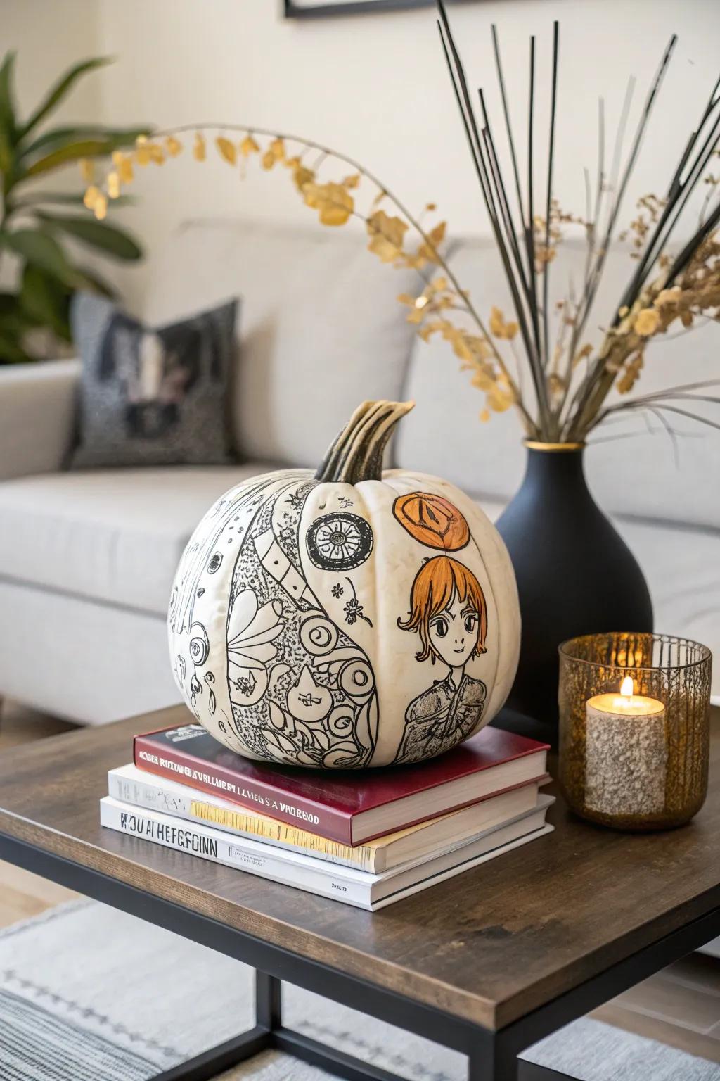 Showcase your artistic side with anime-inspired decorative elements on pumpkins.