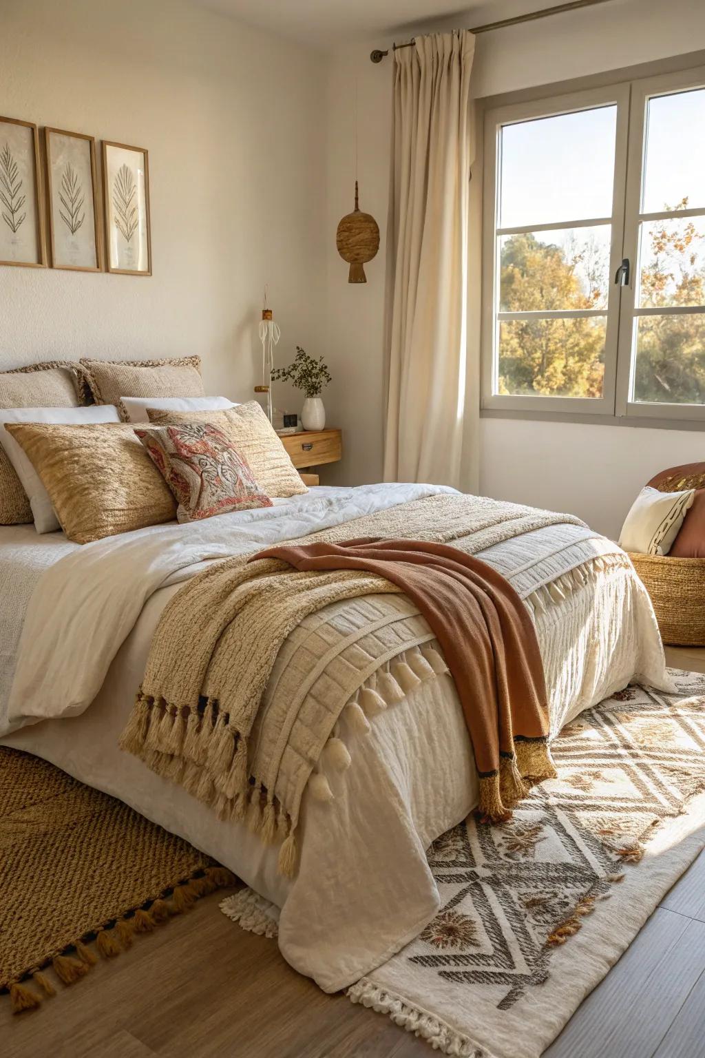 A welcoming apartment bedroom showcasing a mix of textiles in the bedding and décor.