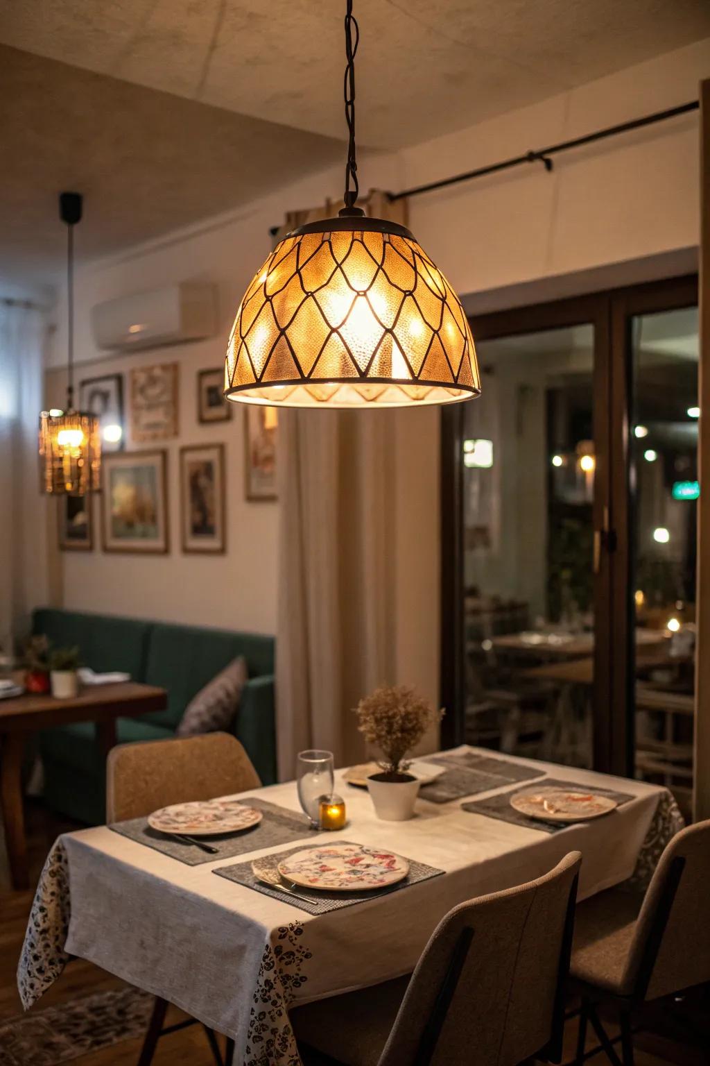 Pendant illumination adds flair and emphasis.