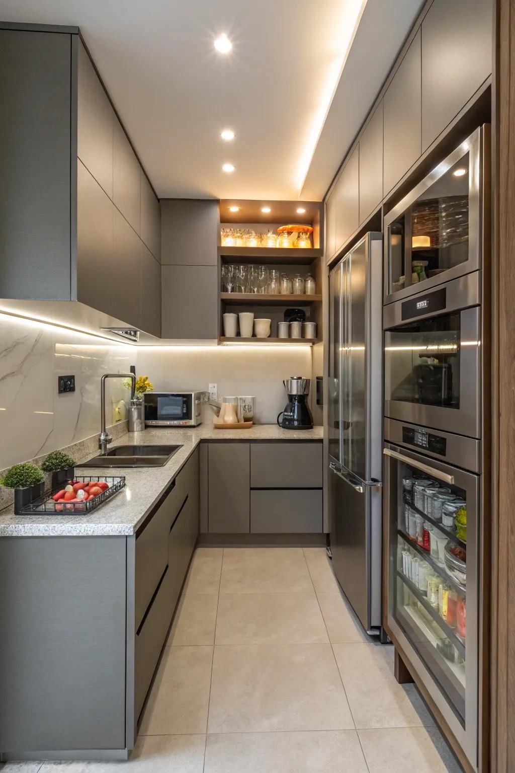 Below-counter cabinets hide appliances, making the most of space in smaller kitchens.