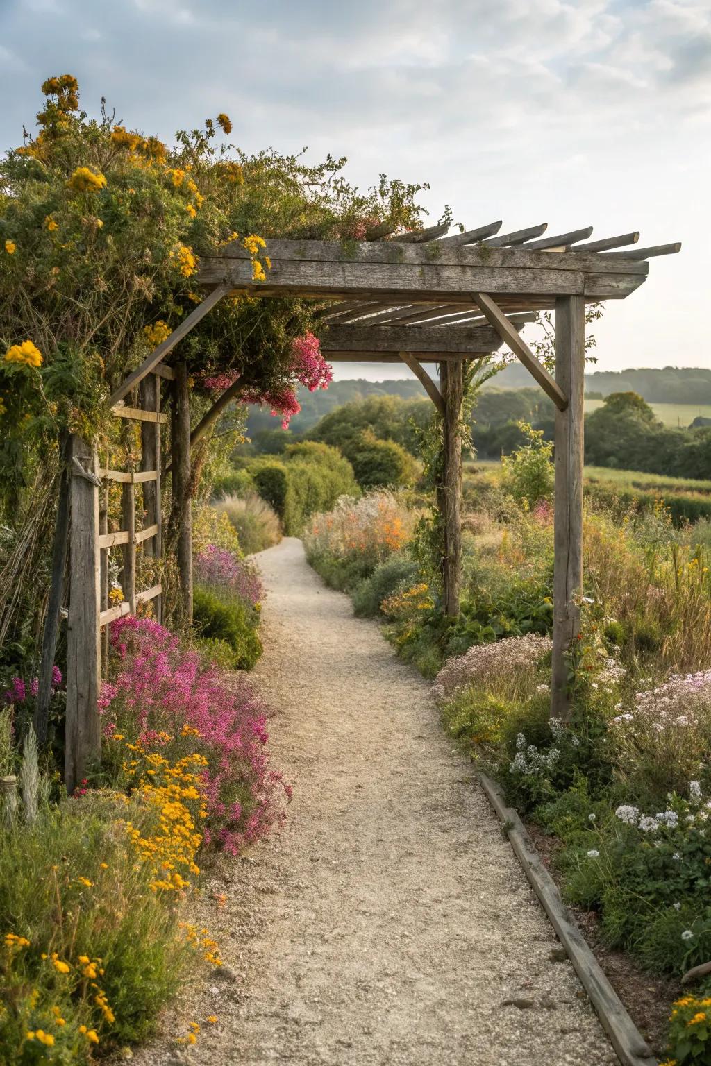 A rustic timber pergola complements the natural charm of the garden.