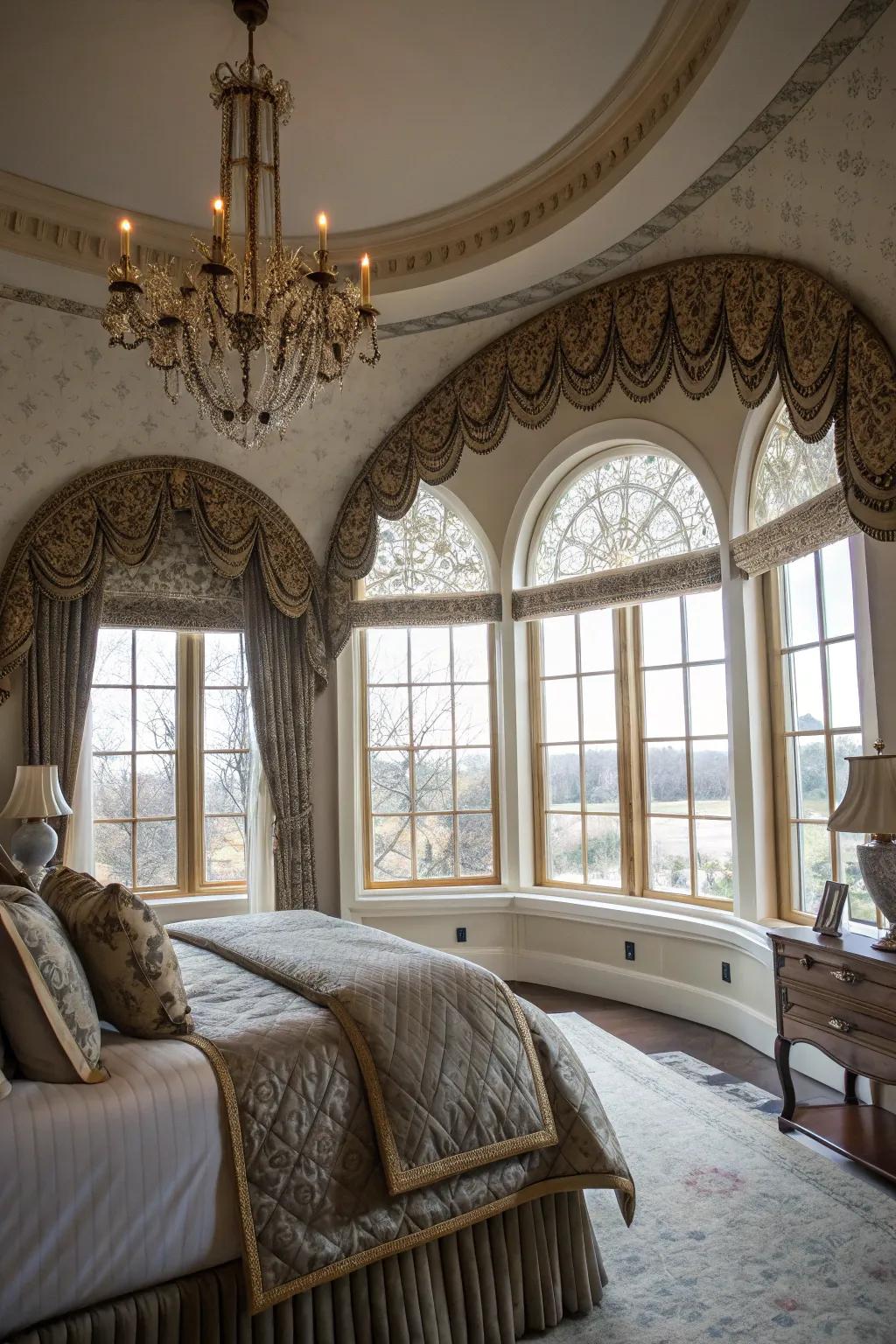 Elegant bedroom showcasing shaped window toppers on arched windows.
