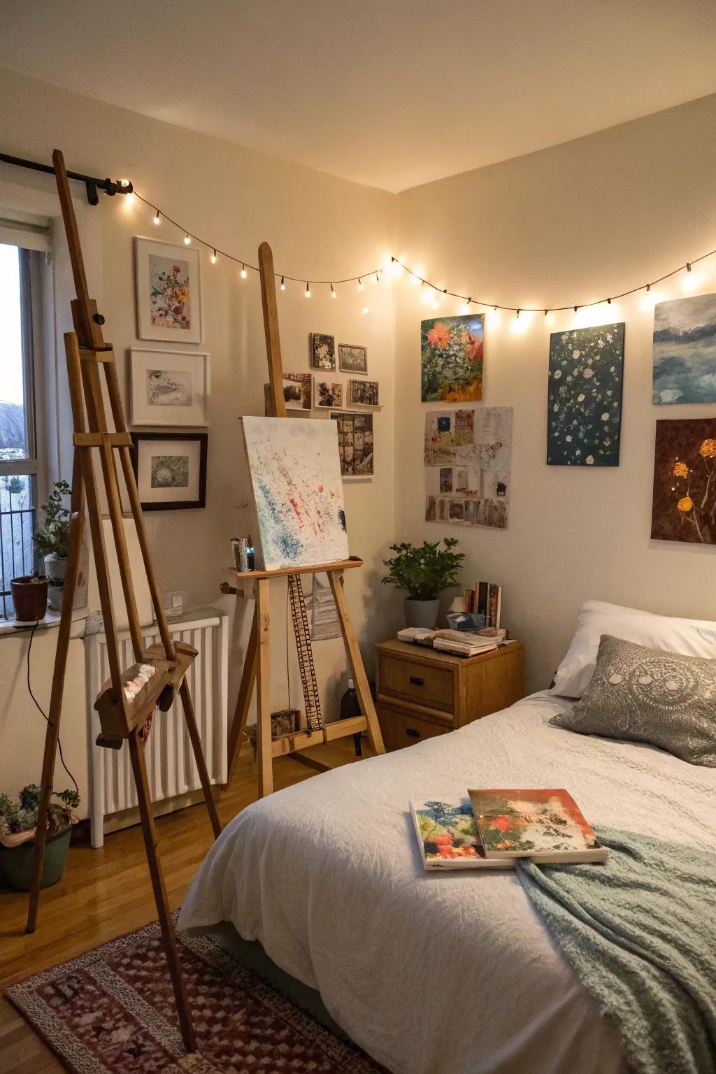 Showcase your art supplies for an authentic artist's bedroom.