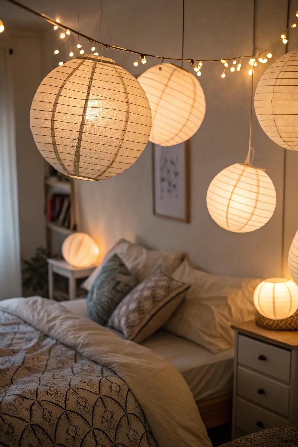 Paper lights create a cozy and welcoming atmosphere.