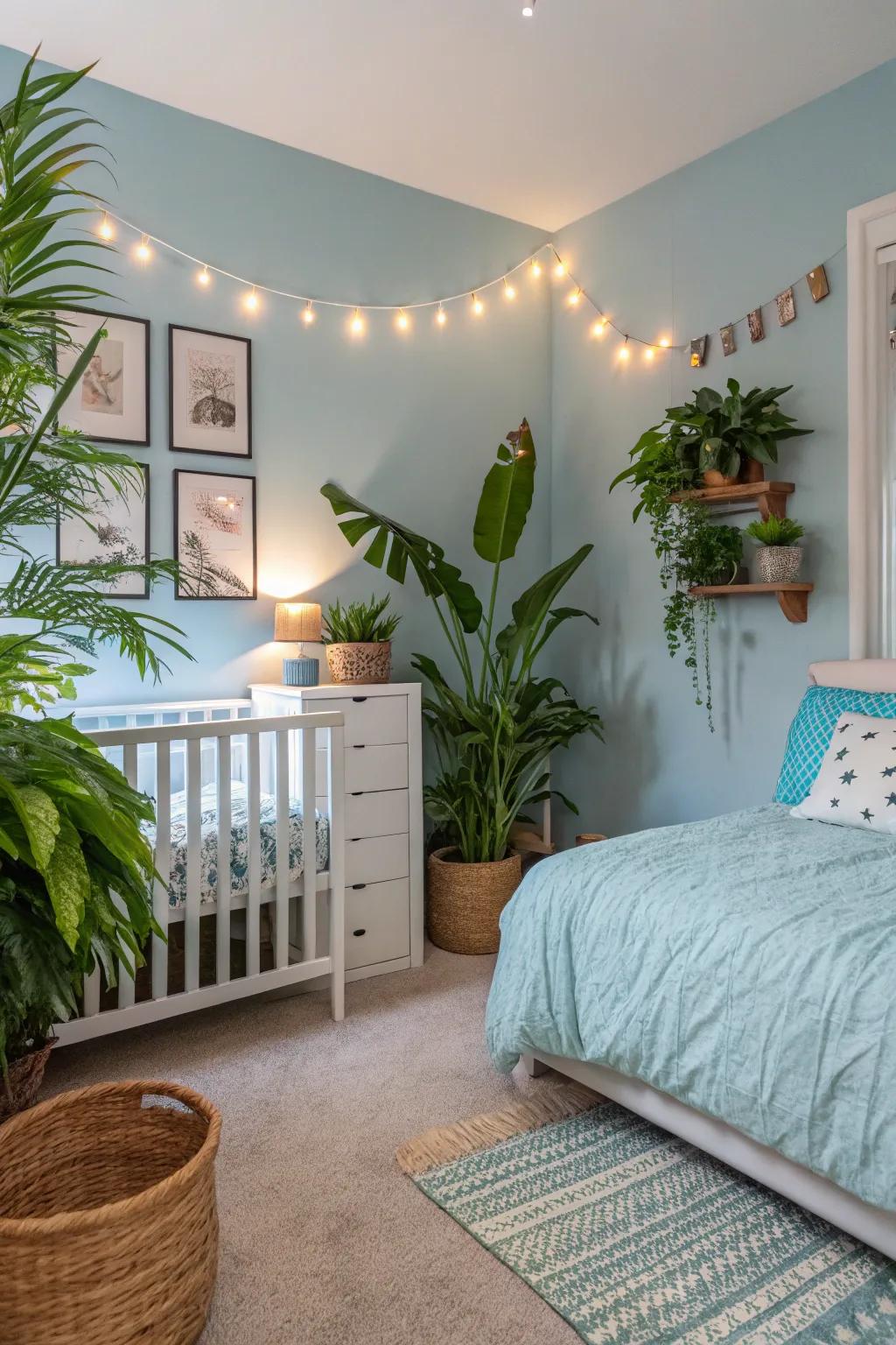 Green plants introduce a fresh contrast to a serene azure bedroom.