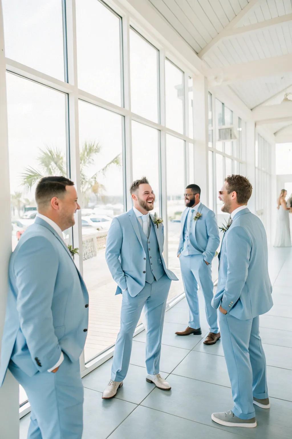 Light blue suits contribute a fashionable touch to the groomsmen's ensemble.