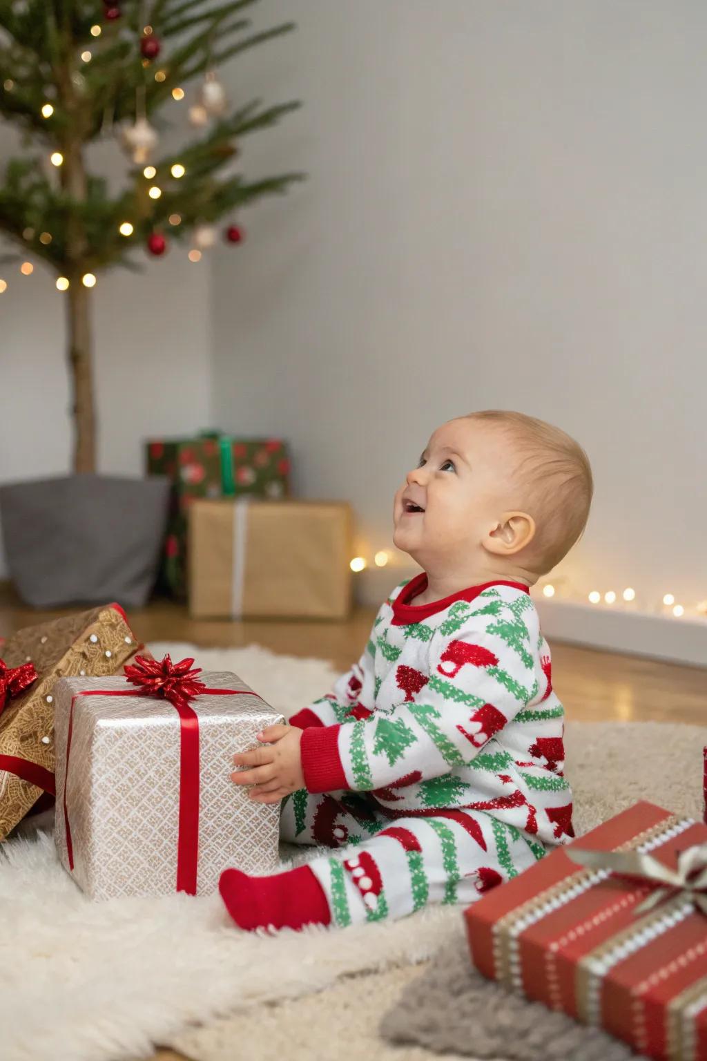 Celebratory loungewear amusement amidst a sea of presents.