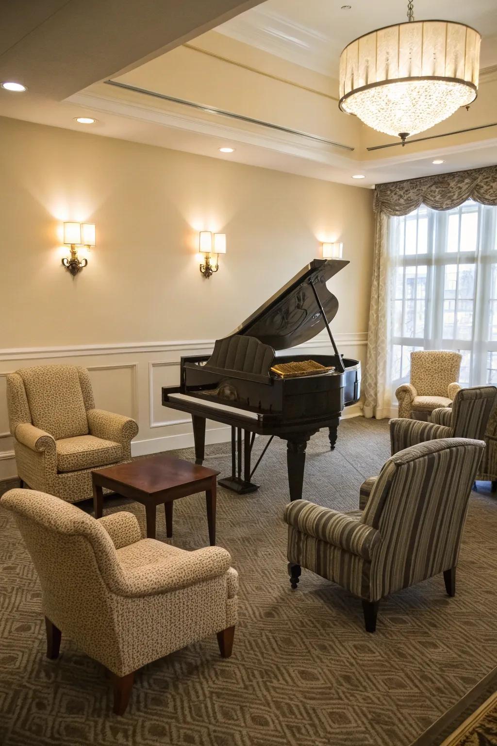 Welcoming seating layouts foster music and dialogue.
