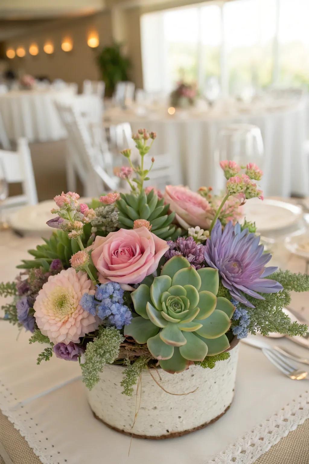 A modern centerpiece combining succulents and flowers