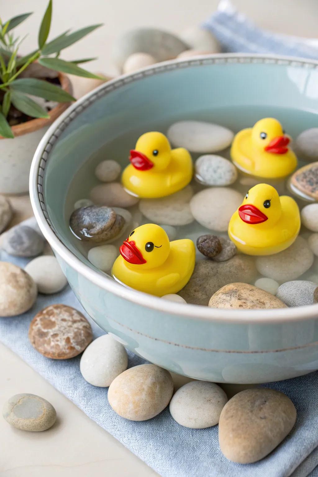 Floating rubber ducks grant an entertaining and lighthearted centerpiece.