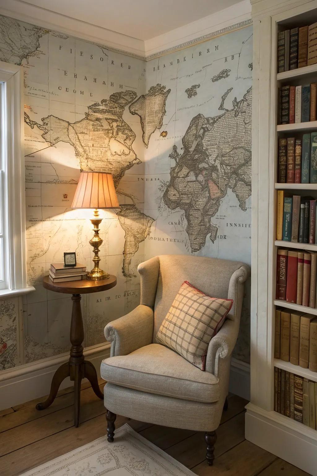 A reading nook that incorporates a vintage map wall covering to create a cozy nostalgic ambiance.