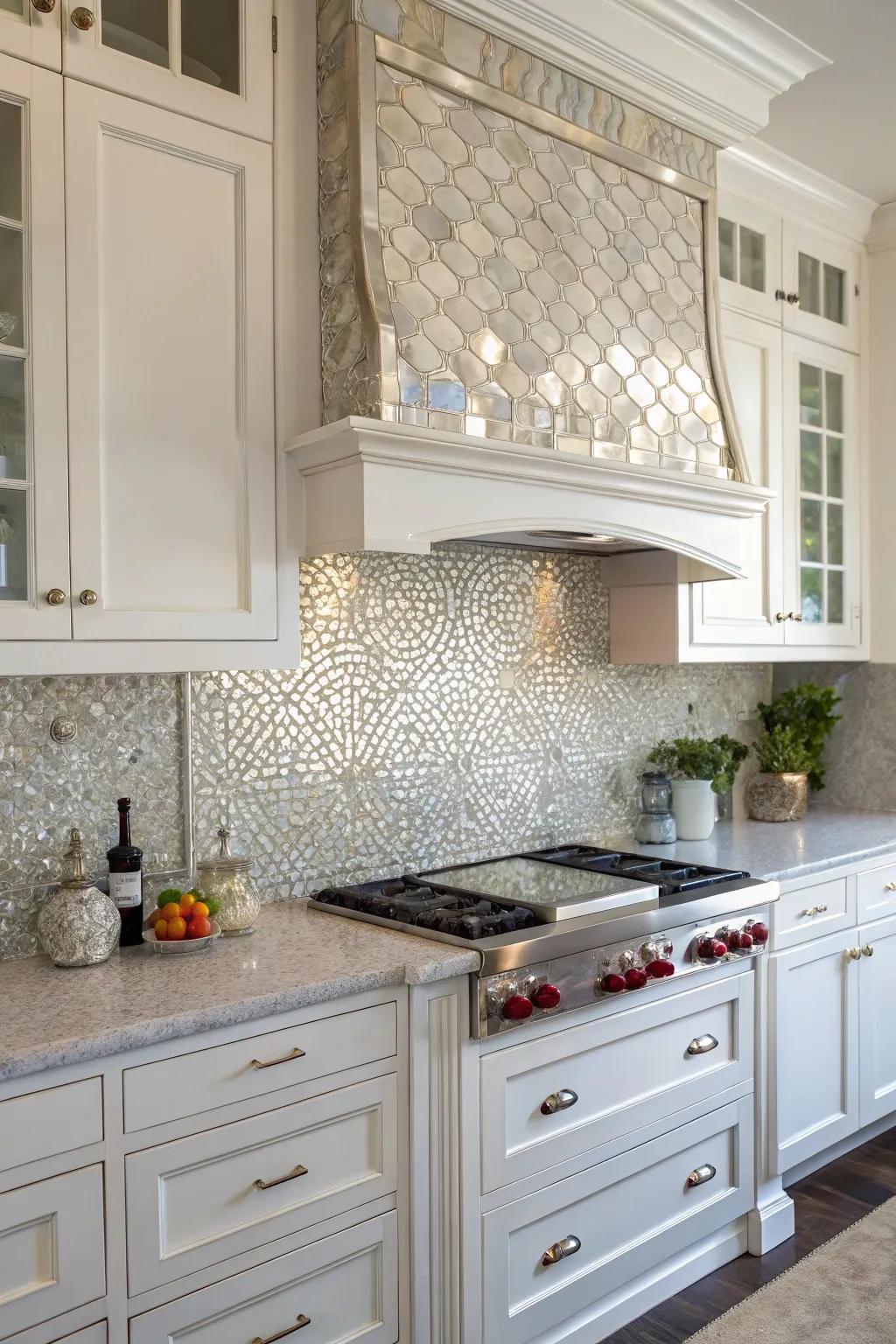 Iridescent bits incorporate a glamorous touch to this white kitchen.