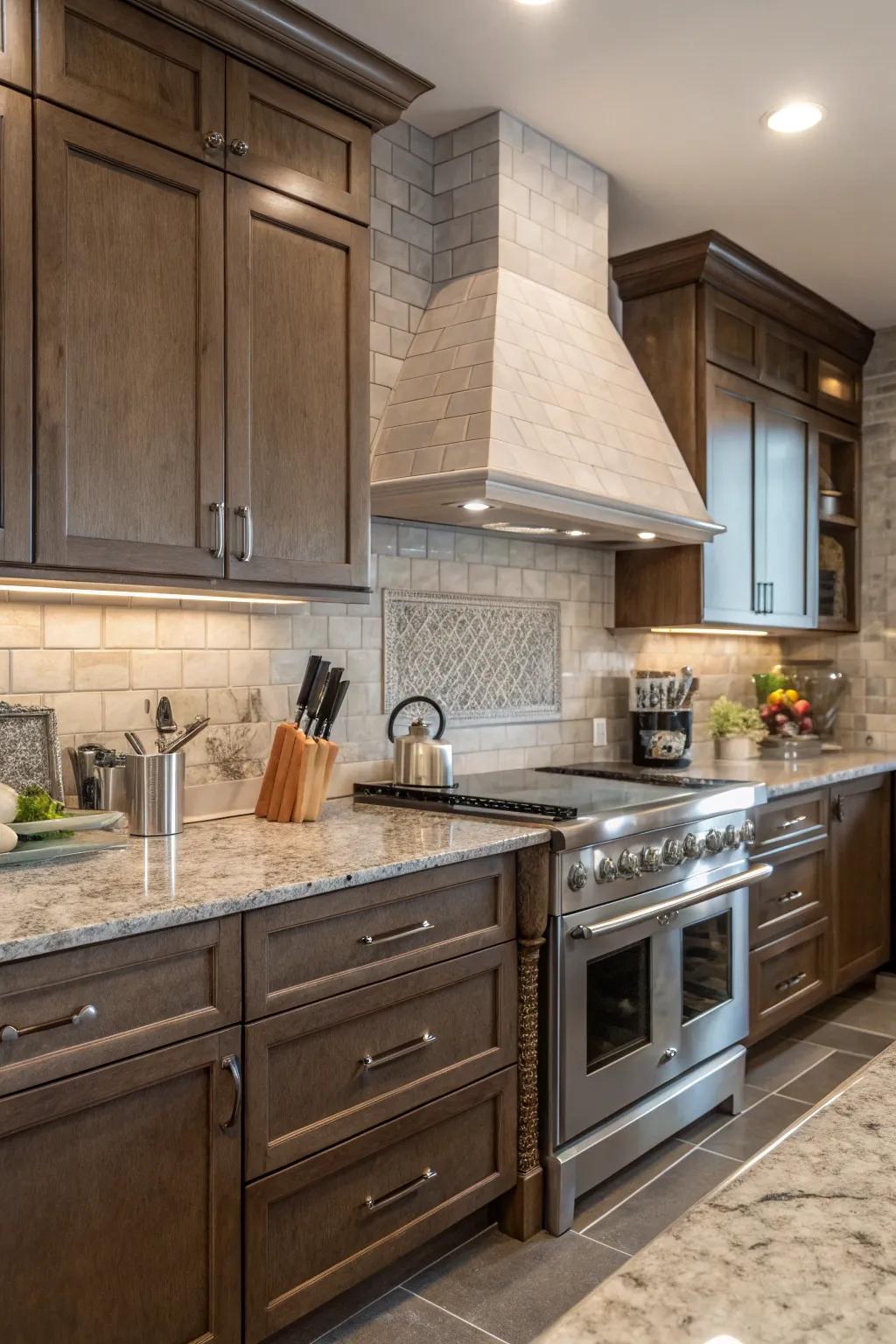 Gentle stone-toned tiles complement the nuanced shades of fantasy brown granite.