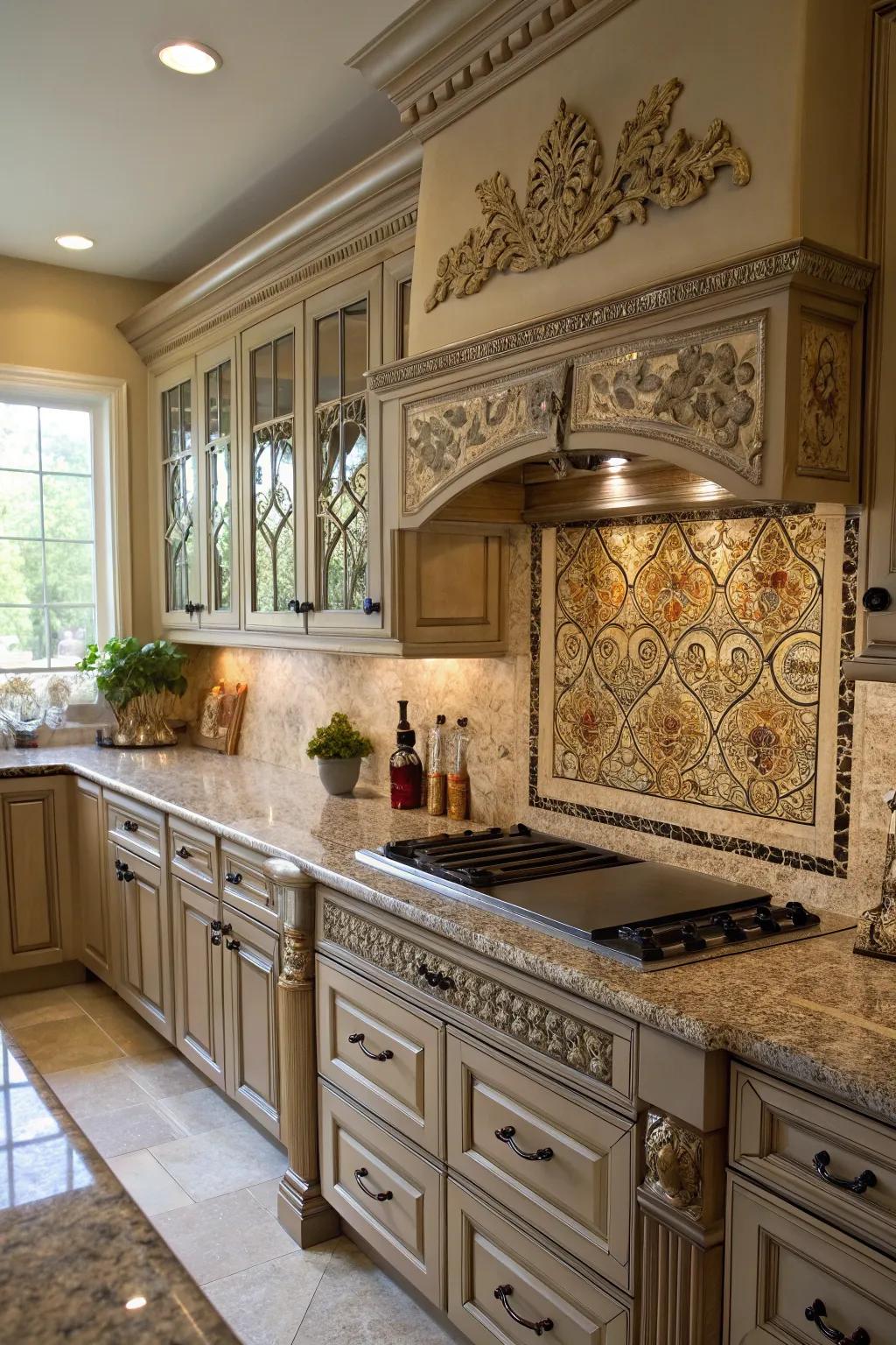 Ornate details infuse traditional elegance into granite countertops.