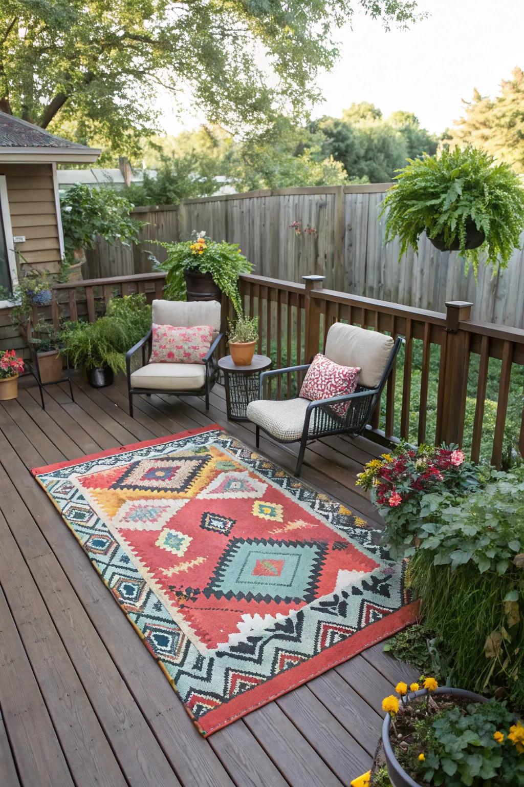 Exterior rugs contribute style and warmth.